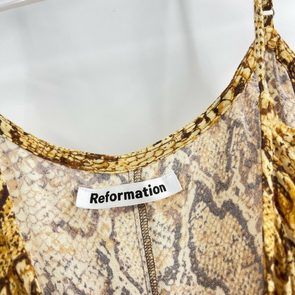 Reformation Dress Brown Vivette Snake Print Spaghetti Strap Tie Waist Mini Sz S - Picture 3 of 8